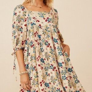 Floral Square Neck Tie Sleeve Baby Dress